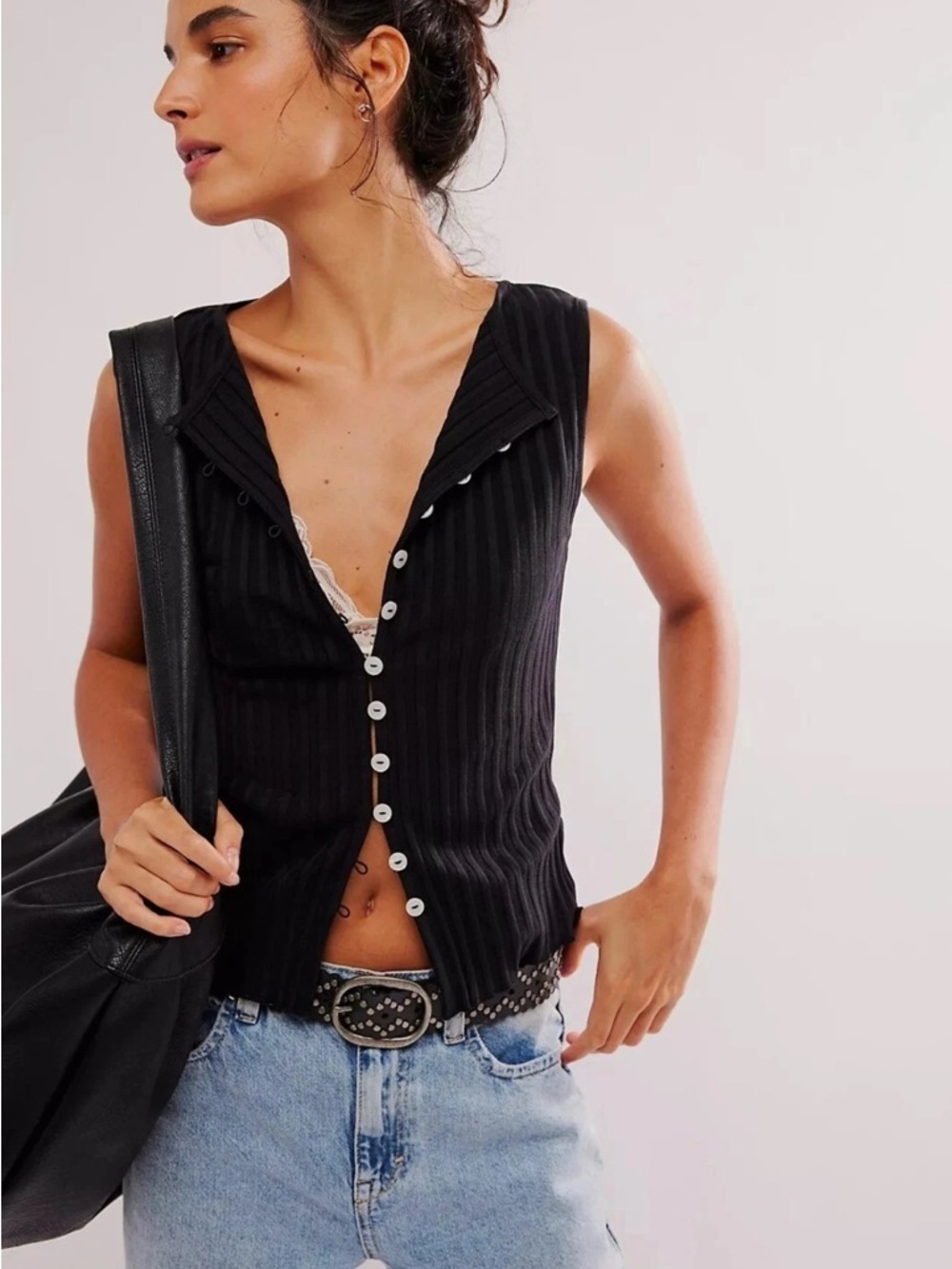 Free People Tilly Vest Blouse Top Knit Ribbed Buttondown Scoop-Neck M NEW